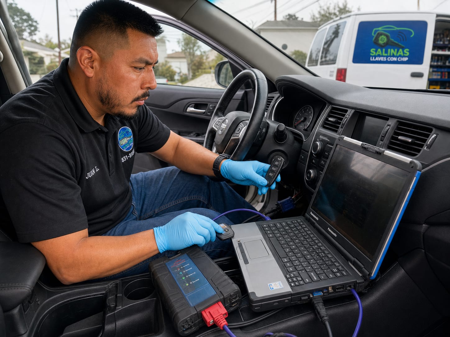 Juan programming a car key from inside the customer's vehicle in Salinas