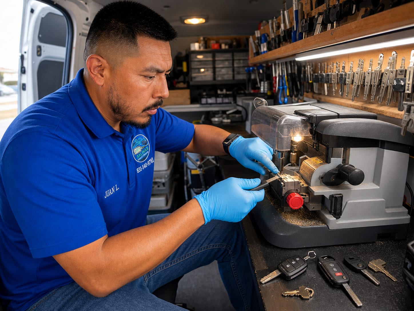 Juan cutting a replacement car key at the workshop in Salinas, CA