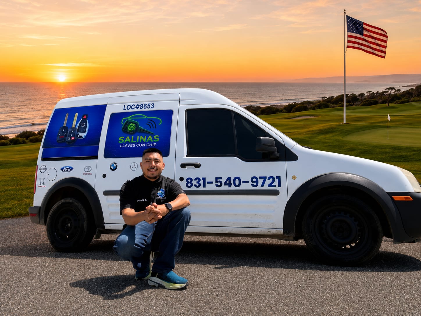 Juan Lopez standing in front of the Salinas Llaves Con Chip mobile locksmith van at sunset
