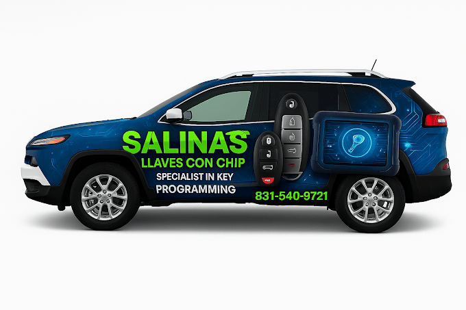 Blue SUV with Salinas key programming business branding and contact info